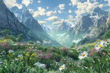 Sticker - A beautiful mountain landscape with a field of flowers and a few trees