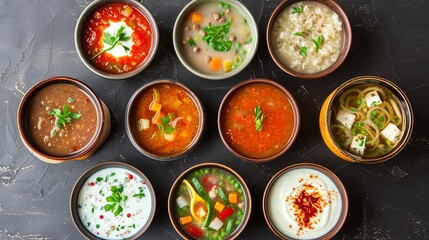 Poster - A row of bowls filled with various soups and sauces