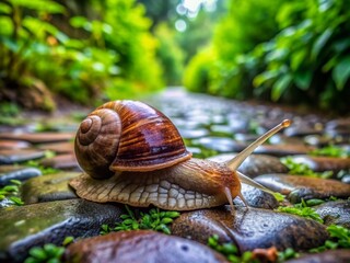 Intimate macro shot of a sluggish snail making its way along a weathered cobblestone path, its shell glistening with dew, amidst lush green surrounding foliage.