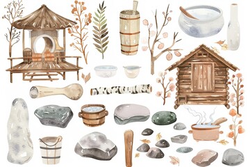 Sticker - A collection of watercolor drawings of a rustic cabin