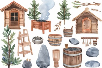 Wall Mural - A collection of watercolor drawings of a cabin and its surroundings