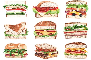 Wall Mural - A set of nine different types of sandwiches