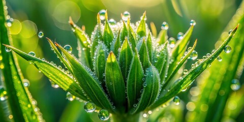 Wall Mural - Vibrant green grass plant bud with delicate leaves glistens with tiny water droplets, showcasing intricate details and textures in a stunning macro closeup shot.