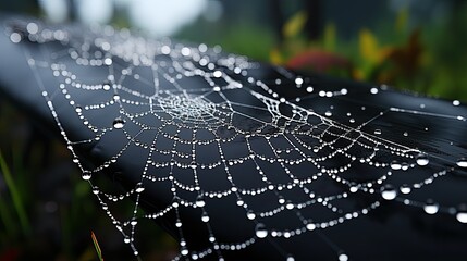 Wall Mural - A mesmerizing close-up photo of dew drops delicately clinging to a spider web on a crisp autumn morning. The image captures the beauty and detail of nature during the fall season. 