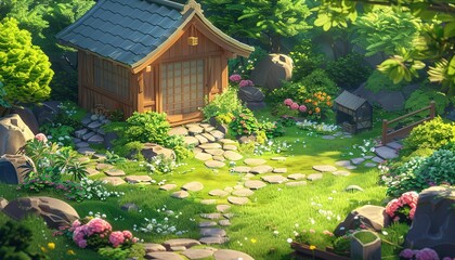 Wall Mural - A peaceful garden with a small house and a stone path, anime