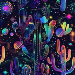 Wall Mural - Vibrant Neon Cacti and Succulents in Cosmic Dreamscape
