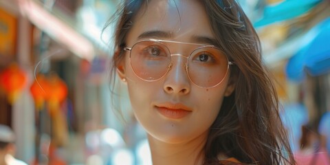 A woman wearing glasses walks down a busy city street