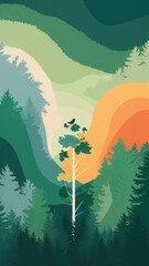 Wall Mural - A lone tree reaches for the sky against a backdrop of layered, colorful hills and a dense forest