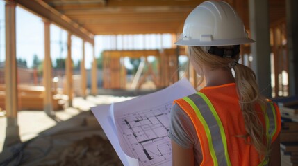 A woman wearing a hard hat and safety vest is looking at a blueprint