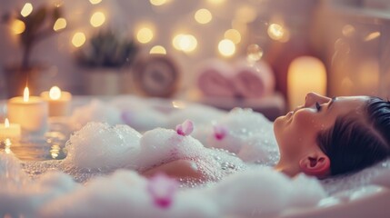 Wall Mural - A woman is in a bathtub with pink flowers in the water