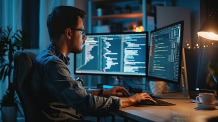 A man is sitting at a desk with two computer monitors in front of him