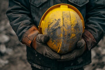 construction worker wearing work gloves holding a dirty yellow hardhat with both hands