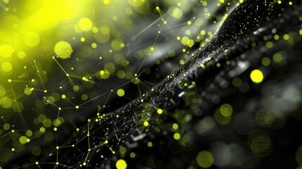 Digital web concept, graphite grey environment, bioluminescent yellow threads, sparkling nodes, ultra-modern and intricate.