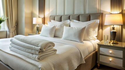 Crisp white blanket neatly folded on a pristine white hotel bed, surrounded by elegant pillows and fresh linen ambiance.