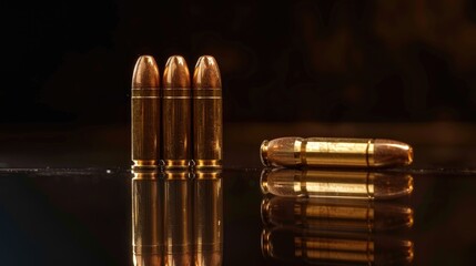 Bullets reflected on black background Close up of pistol ammunition on black surface