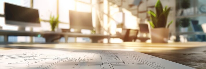 Aufkleber - Architectural blueprints spread out on a desk in a bright office environment with plants and computers. Perfect for engineering, design, and construction themes.