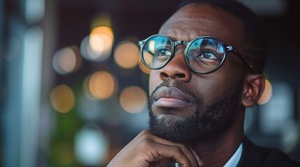 Poster - Contemplative Visionary: A young professional ponders amidst the soft glow of a bustling cafe, his thoughtful gaze hinting at ambition and aspiration.