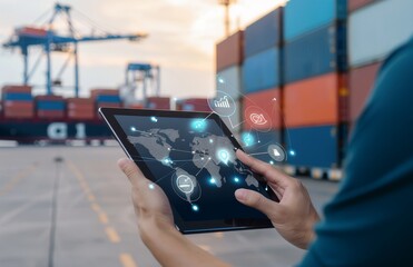 A businessman holds an tablet with a global map and logistics icons floating above