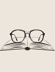 Aufkleber - A pair of eyeglasses rests on an open book against a minimalist background. Generative AI