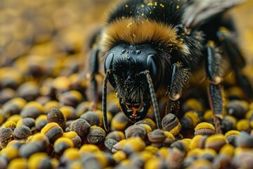 Wall Mural - Bumblebee covered in pollen is gathering food from a field of tiny yellow flowers