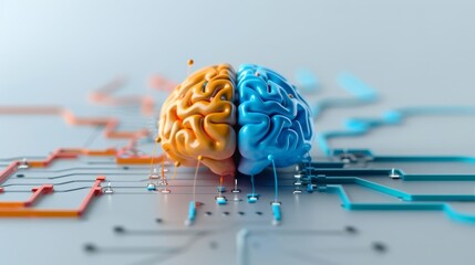 A colorful human brain with two sets of translucent electric wires connected to it
