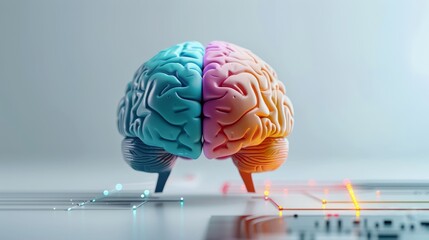A colorful human brain with two sets of translucent electric wires connected to it