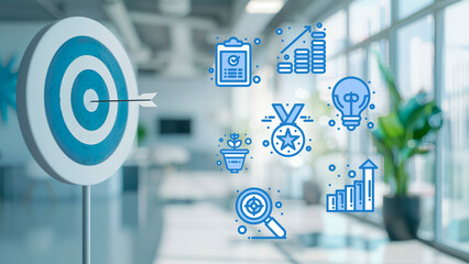 Wall Mural - arrow in the center of the target of a bullseye, blurred office background. concept of objective, go