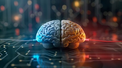 A colorful human brain with two sets of translucent electric wires connected to it