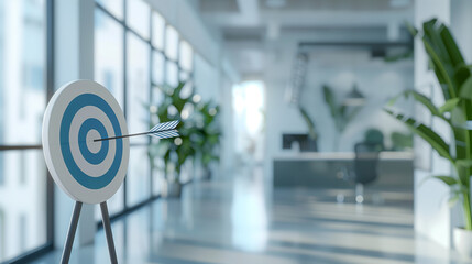 Wall Mural - arrow in the center of the target of a bullseye, blurred office background. concept of objective, go