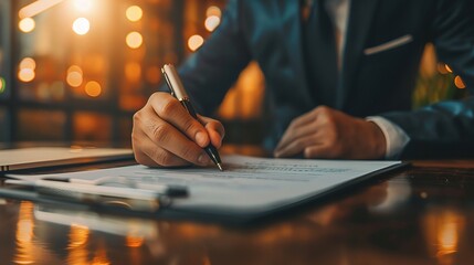 Wall Mural - Businessman Signing Contract: Close-up of a businessman's hand signing a document with a pen, showcasing determination and focus in a dimly lit office setting. 