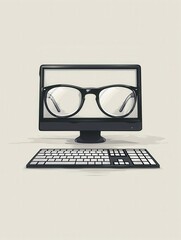 Aufkleber - A modern computer monitor with a pair of eyeglasses on the screen, positioned on a desk with a keyboard in front. Generative AI