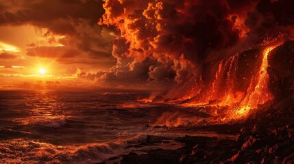 Lava Flow into the Ocean at Sunset.