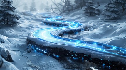 Wall Mural - Revolutionary network design, snow-white backdrop, bioluminescent blue trails, pulsating hubs, clean and innovative.