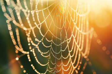 Close-Up of Morning Dew Drops on Spider Web, Delicate Threads and Sparkling Water, Nature's Intricate Designs. Generative AI