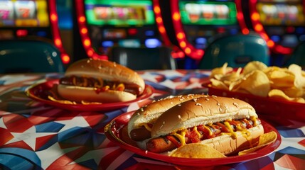 two hotdogs and potato chips on 2 separate red plastic plates on a table with a 4th of July themed tablecloth, bright and festive atmosphere,