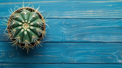 top view of spiky cactus on wood backdrop blue green cactus with long yellow needles flat lay close 