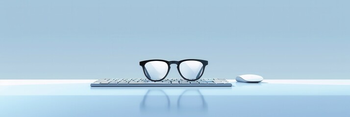 Aufkleber - Modern eyeglasses resting on a white keyboard and white mouse, against a clean, pale blue background. Generative AI