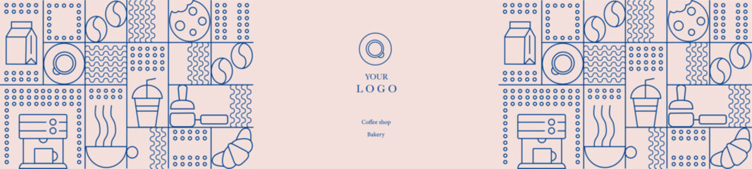 hand drawn illustration of bakery and coffee. icons. abstract geometric line background. gold luxury
