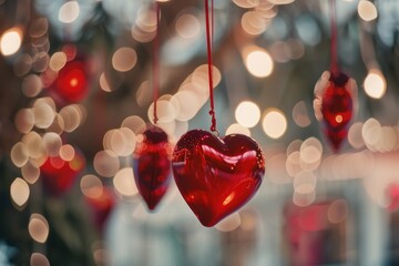 Wall Mural - The image displays a beautiful collection of red heart-shaped decorations hanging from strings and illuminated by lights.