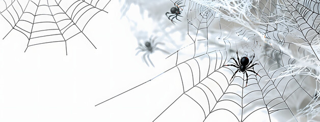 Wall Mural - White Halloween banner with spiderweb and spiders.