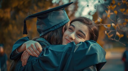 Wall Mural - Two young adults, male and female, in graduation attire hugging each other at a ceremony. They are dressed in caps and gowns, symbolizing academic achievement.