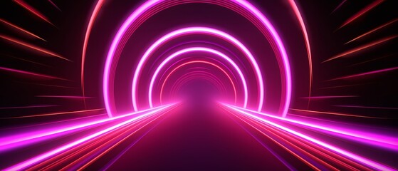 Glowing neon circles creating a tunnel effect with light trails on a dark abstract background