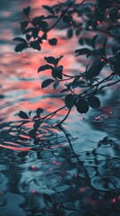 Wall Mural - Silhouettes of tree branches mirrored in tranquil water at sunset