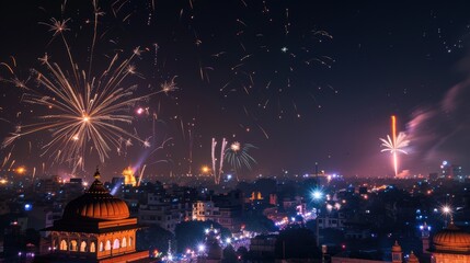 Fireworks exploding over jaipur city skyline at night during diwali festival in rajasthan, india