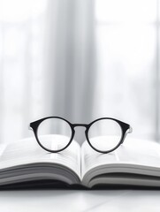 Aufkleber - A pair of black eyeglasses rests on an open book, with a minimalist background. Generative AI