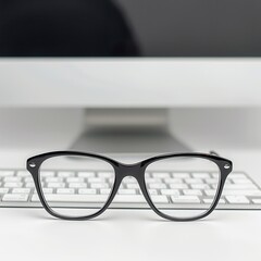Aufkleber - A pair of black eyeglasses rests on a white computer keyboard in front of a blurred computer monitor. Generative AI
