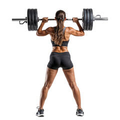 strong woman lifting weights: a determined woman in athletic wear lifts a heavy barbell overhead, sh