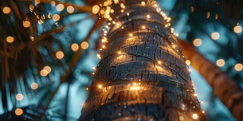 A palm tree decorated with numerous lights for a festive atmosphere