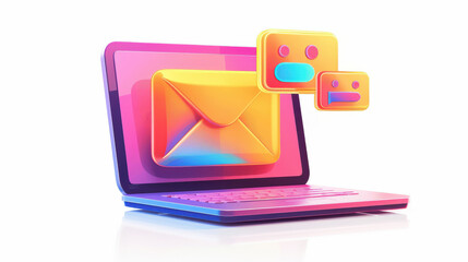 A colorful digital communication concept featuring a laptop with email and chat icons, representing online interaction, connectivity, and modern technology.