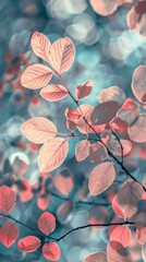 Wall Mural - Pink leaves shimmer against a soft blue background